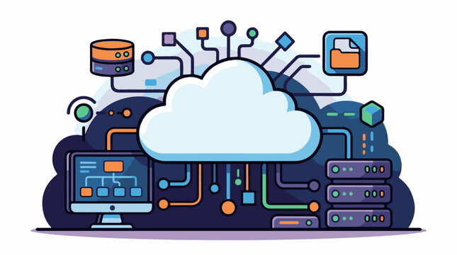 Stylized cloud computing diagram with servers computer and data
