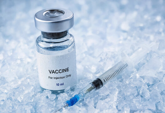 A frosted vial glass medical bottle and plastic syringe lie nestled in crushed ice bed. Small water droplets cover the container surface above a clean white label reading Vaccine