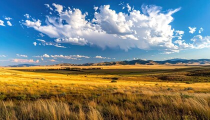 Fototapeta premium Golden Prairie Under a Dramatic Sky with Wispy Clouds.