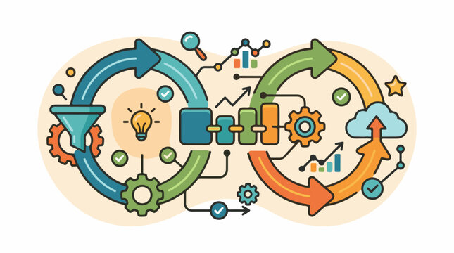 Abstract infographic of business cycle with gears arrows and cloud