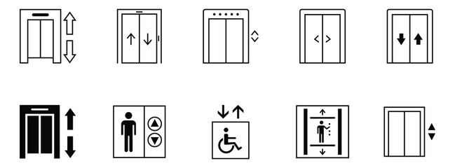 Collection of elevator icon set with black line icons. Elevator icon with up and down arrows. Elevator door icons set in various design. Vector illustration.  © Art Store