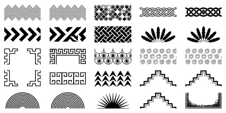 Patterns Set of Intricate Black and White Tribal Motifs, Geometric Borders, Rays and Zigzag Ornaments for Design