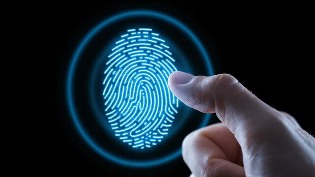 Glowing fingerprint scan with a human finger on a dark background