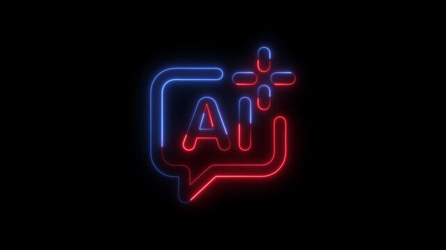 Neon AI chat bot logo with blue and red glowing lines on dark background