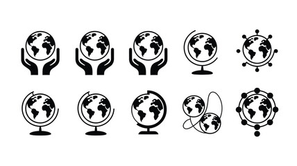 Globe icon set vector illustration featuring earth maps in hands on stands and global communication network connection symbols black silhouette © AMELIA