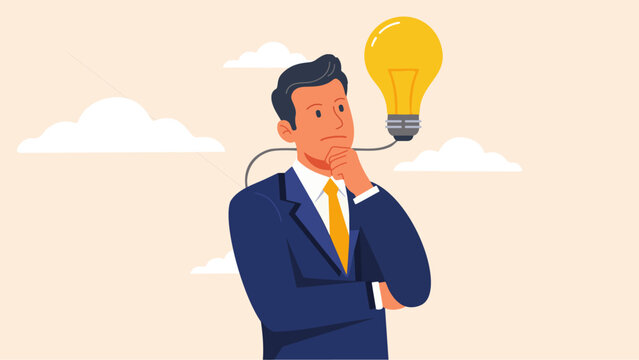 Thoughtful businessman in suit with lightbulb illustrating innovative idea concept