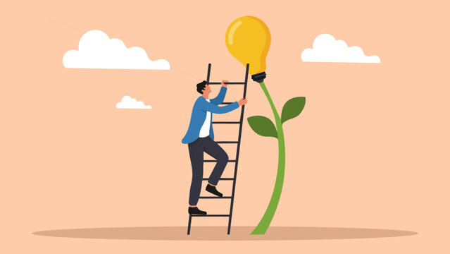 Businessman climbs ladder to reach light bulb growing on plant symbolizing creative ideas