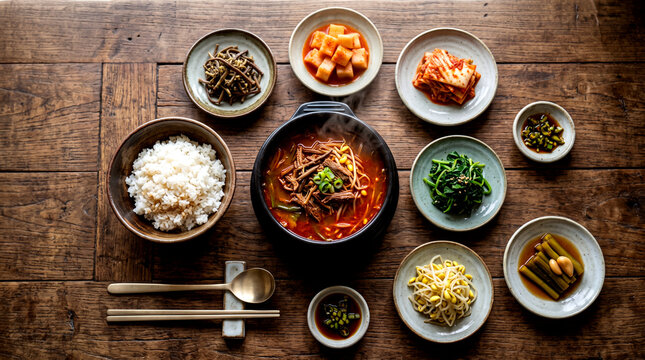 Classic Korean Yukgaejang Table Setting with Rice and Banchan