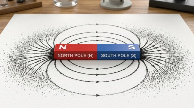 A magnetic field created by a bar magnet on a piece of paper.