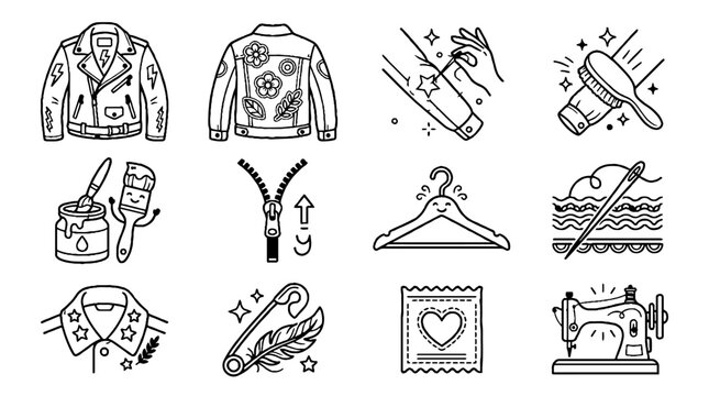 Set of hand drawn icons related to clothing repair and custom leather jacket customization.