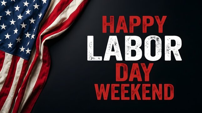 Happy labor day weekend greeting with american flag on black background