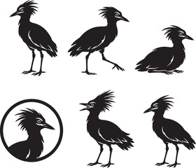 Naklejka premium Kagu Silhouette Icon Set Collection Black Vector Endemic Bird Wildlife Symbols Isolated On White Background