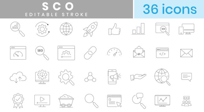 Seo icons set outline collection for search engine optimization digital marketing website traffic ranking web analytics.