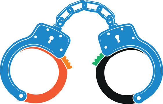 Colorized steel handcuffs linked with chain isolated on transparent background professional security equipment for law enforcement arrest procedures and crime prevention conceptual vector design.