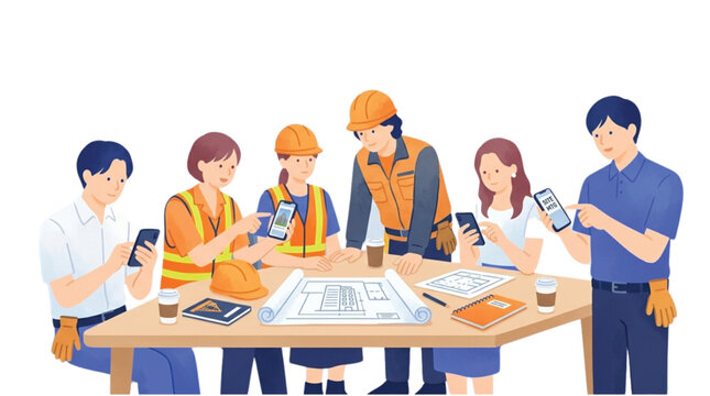 Construction team discussing architectural blueprints using smartphones