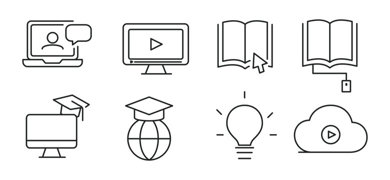 Online education and e-learning line icons for digital schooling featuring study tools video courses and academic icons.