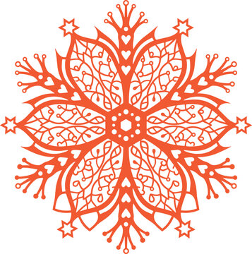 Intricate lace snowflake mandala design with decorative heart motifs and star shapes elegant winter pattern for seasonal greeting cards creative artistic printmaking projects and festive decor.