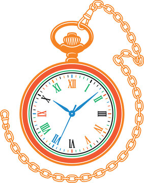 Pocket watch graphic illustration showing chain and roman numeral face in vintage aesthetic style for antique collection design theme or historical time tracking media element concept project asset.