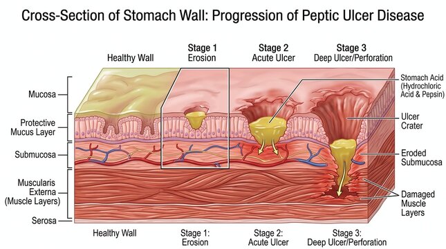 Cross-Section of Stomach Wall: Progression of Peptic Ulcer Disease (Stages 1-3)