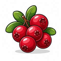 Obraz premium Red cranberry cluster flat vector icon isolated on white background with glossy leaves