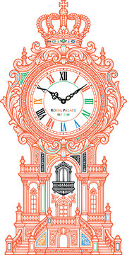 Royal palace tower clock graphic vector illustration featuring ornate crown top and intricate balcony base for historical architecture design concept or luxury building branding element asset.