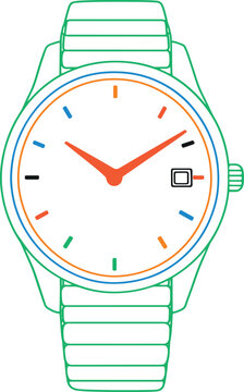 A minimalist digital drawing of a wrist watch, highlighted by a vibrant green outline, an orange inner circle, and contrasting orange hands against a backdrop of colorful markers.