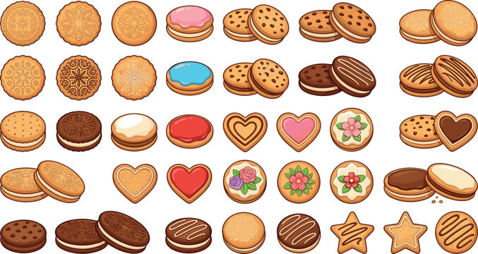 Cookie and Biscuit Collection with Sweet Dessert Shapes and Bakery Food Elements Vector Illustration Set