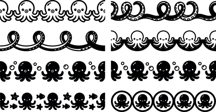 Black and white seamless octopus and tentacle border vector art