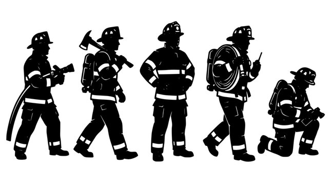 Firefighters in Action with Equipment and Gear in Various Poses Featuring Firefighter, Rescue, Safety with Uniform and Helmet