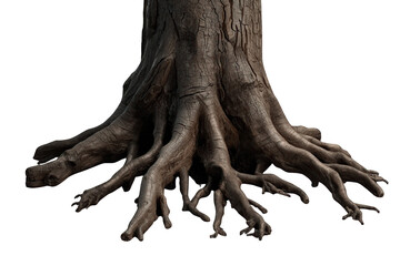 Fototapeta premium Tree roots and trunk base on transparent background showing stability, growth, and natural organic foundation
