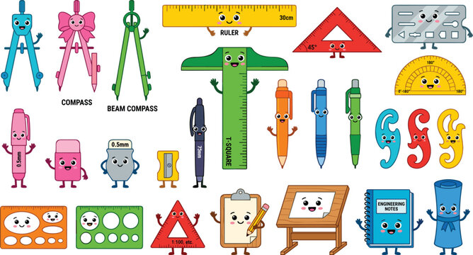 Cute Kawaii Drafting and Engineering Tools Vector Icon Set with Smiling Compasses, Rulers, T-Squares, Geometric Templates, and Architecture Drawing Stationery Graphics