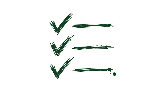 Checklist icon features three hand-drawn green marks and horizontal lines indicating completed tasks or verified requirements.
