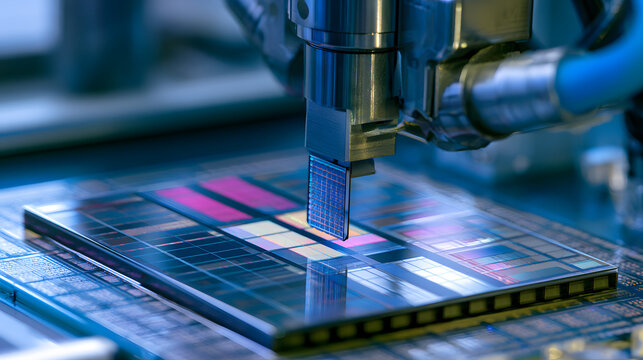 Computer chips are being extracted by a pick and place machine from a wafer and attached to a substrate. Microchip manufacturing at a factory. Close-up of the semiconductor packaging process.