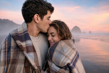 Fototapeta premium A young couple embrace and share a tender moment wrapped in a blanket on a misty beach at sunset. The scene conveys warmth, affection, and peaceful romance by the sea.