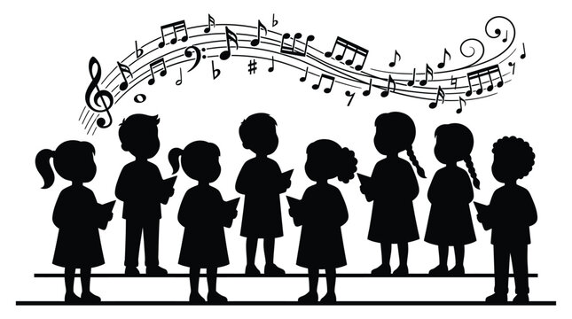 Silhouette Of Children Singing With Musical Notes On A White Background