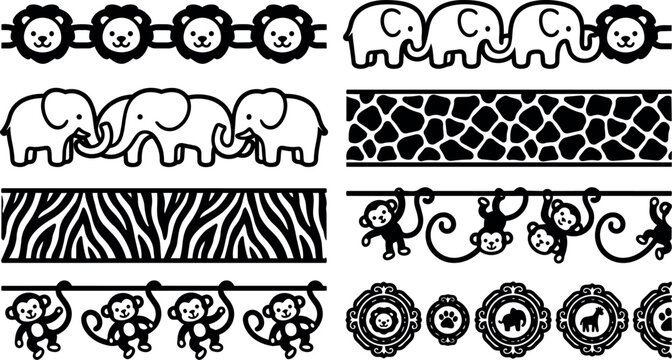 Black and white animal borders with lions elephants monkeys and safari patterns