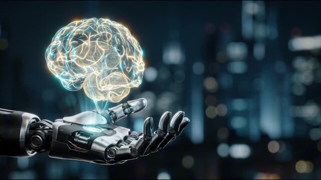 3D hologram of glowing artificial intelligence brain hovering over robotic hand, futuristic cyber technology intro