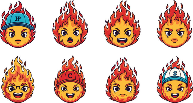 Fire Flame Face Mascot Character Set with Cap, Glasses, and Different Expressions for Sports Logo Designs