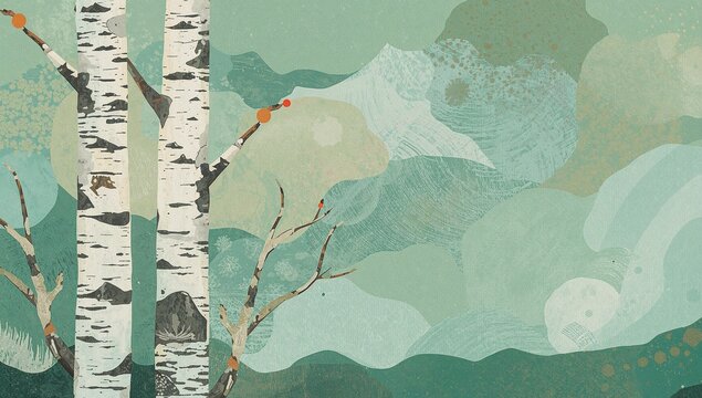 Nature inspired abstract background featuring birch trees, rolling hills and a teal color scheme.