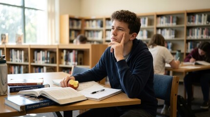 Obraz premium A young man sitting at a desk in a library, engrossed in studying.