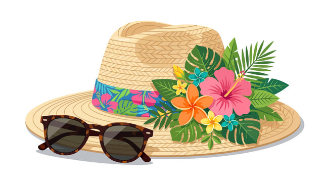 Straw hat with floral decoration.