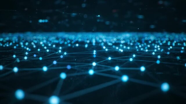 Glowing blue dots connected by lines, forming network, abstract, and dark