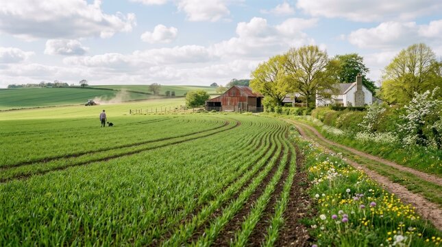A person mowing a field with a red barn in the background.
