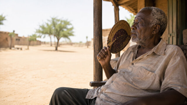 Elderly man sitting on a shaded wooden porch fanning himself with a woven fan in a sunlit dry village setting. Rural heat relief scene