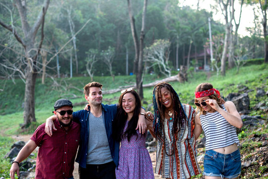 Diverse friends enjoying nature together.