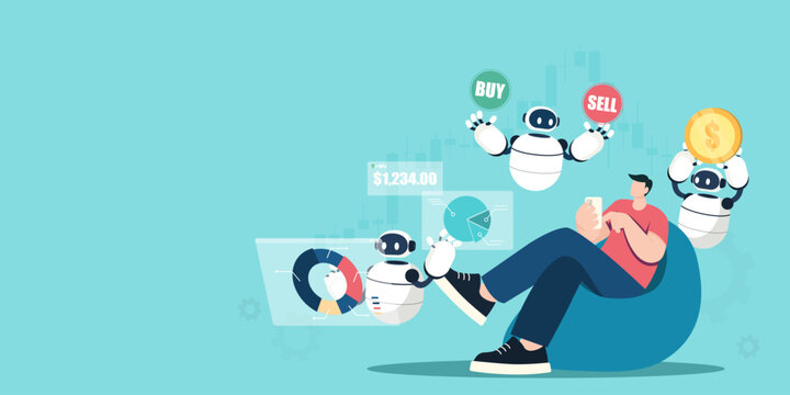 Man relaxing on a beanbag using a phone while AI robots manage his financial portfolio, displaying pie charts, stock graphs, and buy/sell signals on a blue background.