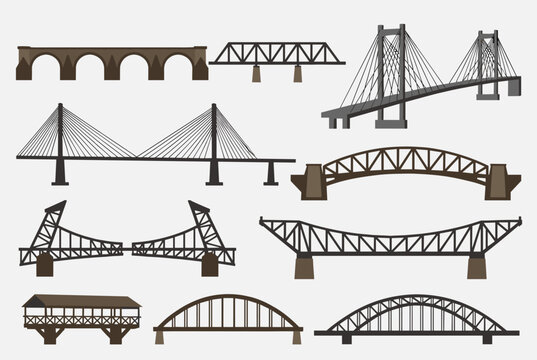 Architectural set of various bridge types including suspension, arch, truss, and drawbridges isolated on grey background.