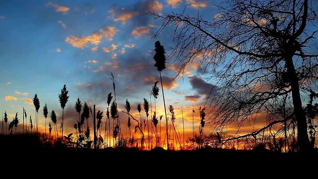 Cattails Silhouette Against Dramatic Sunset Sky Three Frame Composite