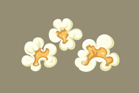 Three fresh golden buttered popcorn kernels floating against a neutral grey background in clean vector graphic.