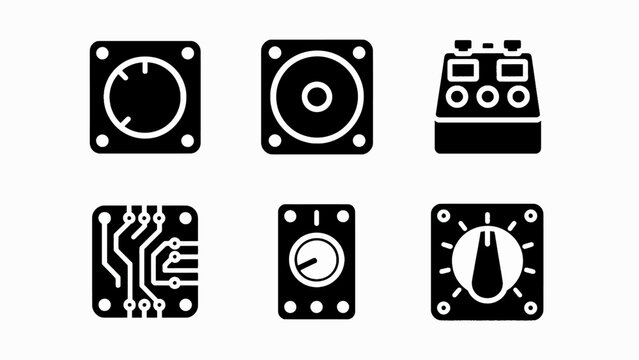 Set of electronic circuit icons: knob, speaker, control panel, PCB, potentiometer, dial.
